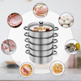 Steamer Pot Stainless Steel 5 Tier 26cm Sockable Cooking Pot +Glass Lid Meat Fish Vegetable Egg Buns Dumpling Pancake and Bread Cooker Steam Pot Kitchen