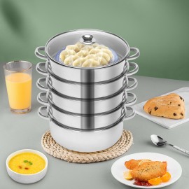 Steamer Pot Stainless Steel 5 Tier 26cm Sockable Cooking Pot +Glass Lid Meat Fish Vegetable Egg Buns Dumpling Pancake and Bread Cooker Steam Pot Kitchen