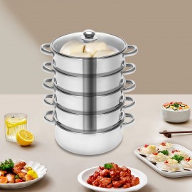 Steamer Pot Stainless Steel 5 Tier 26cm Sockable Cooking Pot +Glass Lid Meat Fish Vegetable Egg Buns Dumpling Pancake and Bread Cooker Steam Pot Kitchen