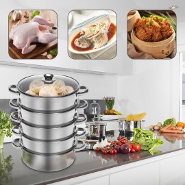 Steamer Pot Stainless Steel 5 Tier 26cm Sockable Cooking Pot +Glass Lid Meat Fish Vegetable Egg Buns Dumpling Pancake and Bread Cooker Steam Pot Kitchen