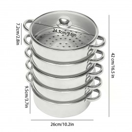 Steamer Pot Stainless Steel 5 Tier 26cm Sockable Cooking Pot +Glass Lid Meat Fish Vegetable Egg Buns Dumpling Pancake and Bread Cooker Steam Pot Kitchen