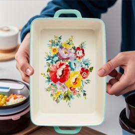 9x13 Inch Square Covered Ceramic Pan - Durable, Drop-Resistant, and Easy-to-Clean - Microwave, Oven, Dishwasher, and Refrigerator Safe, Floral Design, Built-in Handle, White