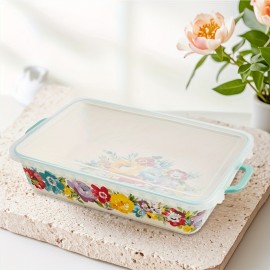 9x13 Inch Square Covered Ceramic Pan - Durable, Drop-Resistant, and Easy-to-Clean - Microwave, Oven, Dishwasher, and Refrigerator Safe, Floral Design, Built-in Handle, White