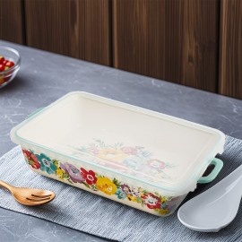 9x13 Inch Square Covered Ceramic Pan - Durable, Drop-Resistant, and Easy-to-Clean - Microwave, Oven, Dishwasher, and Refrigerator Safe, Floral Design, Built-in Handle, White