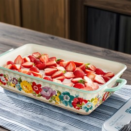 9x13 Inch Square Covered Ceramic Pan - Durable, Drop-Resistant, and Easy-to-Clean - Microwave, Oven, Dishwasher, and Refrigerator Safe, Floral Design, Built-in Handle, White