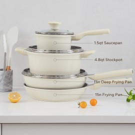 Redchef 7-Piece Ceramic Cookware Set - Non-Stick, Non-Toxic, PFAS, PFOA & PTFE Free, Healthy Cream Pots and Pans