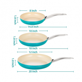 3-pack Ceramic Aluminum Nonstick Skillet Frying Pan in Blue with Stay Cool Handle (8in+10in+12in)