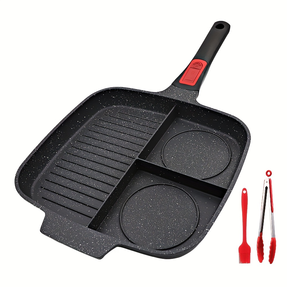 3-in-1 Nonstick Grill Pan with Detachable Handle - Versatile Square Skillet for All Stove Tops, PFOA-Free, Divided Griddle, Easy Food Release, and Cleaning - Perfect for Indoor and Outdoor Cooking