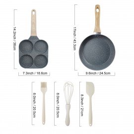 5pcs Pots and Pans Set Non Stick Kitchen Cookware Sets Induction Cookware Nonstick Granite Cooking Set with Flat Frying Pans, 4-Hole Egg Breakfast Pan Silicone Oil Brush, Egg Beater & Spatula