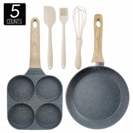 5pcs Pots and Pans Set Non Stick Kitchen Cookware Sets Induction Cookware Nonstick Granite Cooking Set with Flat Frying Pans, 4-Hole Egg Breakfast Pan Silicone Oil Brush, Egg Beater & Spatula