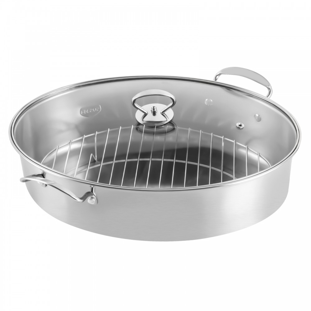 Kitchen Oval Roasting Pan 15 Inch Steel Baking Tray Lid & Rack Portable Roaster