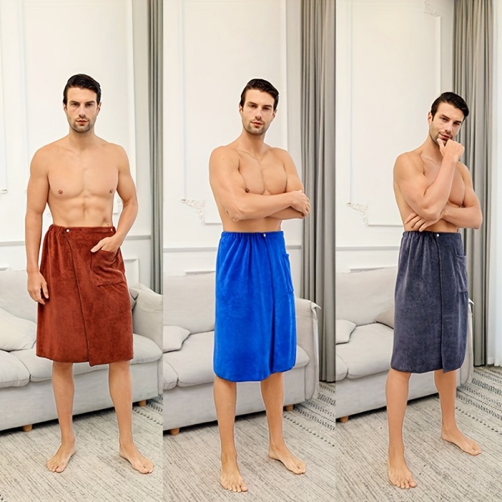 1pc Men's Wearable Bath Towel, Microfiber Bath Skirt With Pocket, Skin-friendly Soft Super Absorbent Shower Skirt, Plain Color Bath Wrap Towel For Bathroom, Bathroom Supplies, men's Sauna Kilt Spa Sauna Wrap, Bathroom Accessory