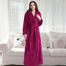 1pc Soft Coral Velvet Thickened Flannel Long Sleeve Bathrobe - Plush Long Robe for Home, Bathroom, Loungewear - Soft, Cozy, Warm, and Comfortable