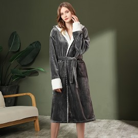 1pc Women's Flannel Bathrobe, Thickened Long Sleeve Bathrobe, Soft Coral Velvet Loungewear, Hooded Robe With Pockets For Home, Bathroom Supplies