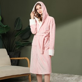 1pc Women's Flannel Bathrobe, Thickened Long Sleeve Bathrobe, Soft Coral Velvet Loungewear, Hooded Robe With Pockets For Home, Bathroom Supplies