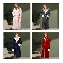 1pc Women's Flannel Bathrobe, Thickened Long Sleeve Bathrobe, Soft Coral Velvet Loungewear, Hooded Robe With Pockets For Home, Bathroom Supplies