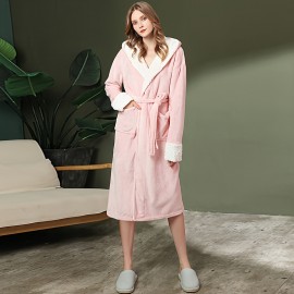 1pc Women's Flannel Bathrobe, Thickened Long Sleeve Bathrobe, Soft Coral Velvet Loungewear, Hooded Robe With Pockets For Home, Bathroom Supplies