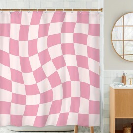 1pc Pink Abstract Grid Print Waterproof Polyester Bathtub Partition - Modern Minimalist Bathroom Decor with 12 Plastic Hooks - Easy Installation, Durable, and Mildew-Resistant Bathroom Accessories for a Stylish Bathroom Makeover