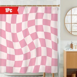 1pc Pink Abstract Grid Print Waterproof Polyester Bathtub Partition - Modern Minimalist Bathroom Decor with 12 Plastic Hooks - Easy Installation, Durable, and Mildew-Resistant Bathroom Accessories for a Stylish Bathroom Makeover