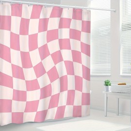 1pc Pink Abstract Grid Print Waterproof Polyester Bathtub Partition - Modern Minimalist Bathroom Decor with 12 Plastic Hooks - Easy Installation, Durable, and Mildew-Resistant Bathroom Accessories for a Stylish Bathroom Makeover