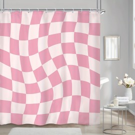 1pc Pink Abstract Grid Print Waterproof Polyester Bathtub Partition - Modern Minimalist Bathroom Decor with 12 Plastic Hooks - Easy Installation, Durable, and Mildew-Resistant Bathroom Accessories for a Stylish Bathroom Makeover