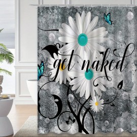 Teal White Shower, Daisy Flower Shower for Bathroom with 12 Hooks, Nature Vintage Art Waterproof Decorative Bathroom Decor, 72 x 72 Inch