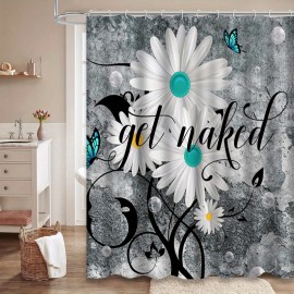 Teal White Shower, Daisy Flower Shower for Bathroom with 12 Hooks, Nature Vintage Art Waterproof Decorative Bathroom Decor, 72 x 72 Inch