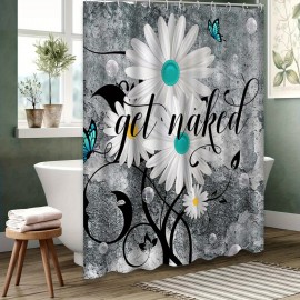 Teal White Shower, Daisy Flower Shower for Bathroom with 12 Hooks, Nature Vintage Art Waterproof Decorative Bathroom Decor, 72 x 72 Inch