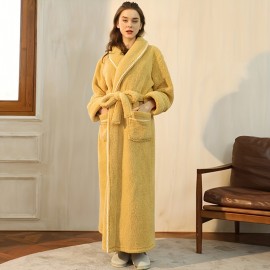 1pc Autumn And Winter Bathrobe, Soft Unisex Pajamas, Thickened Large Size Nightgown, Long Sleeves Bathrobe With Pocket, Warm Long Robe For Home, Bathroom Supplies