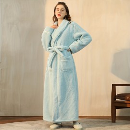 1pc Autumn And Winter Bathrobe, Soft Unisex Pajamas, Thickened Large Size Nightgown, Long Sleeves Bathrobe With Pocket, Warm Long Robe For Home, Bathroom Supplies