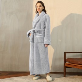 1pc Autumn And Winter Bathrobe, Soft Unisex Pajamas, Thickened Large Size Nightgown, Long Sleeves Bathrobe With Pocket, Warm Long Robe For Home, Bathroom Supplies