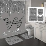 4Pcs Family Glitter Diamond Shower Curtain Sets, Grey Famliy Shower Curtain with Toilet Lid Cover and Rugs, Luxury Bling Shiny Shower Curtains for Home Bathroom Set Decor with 12 Hooks, 72 x 72 inch