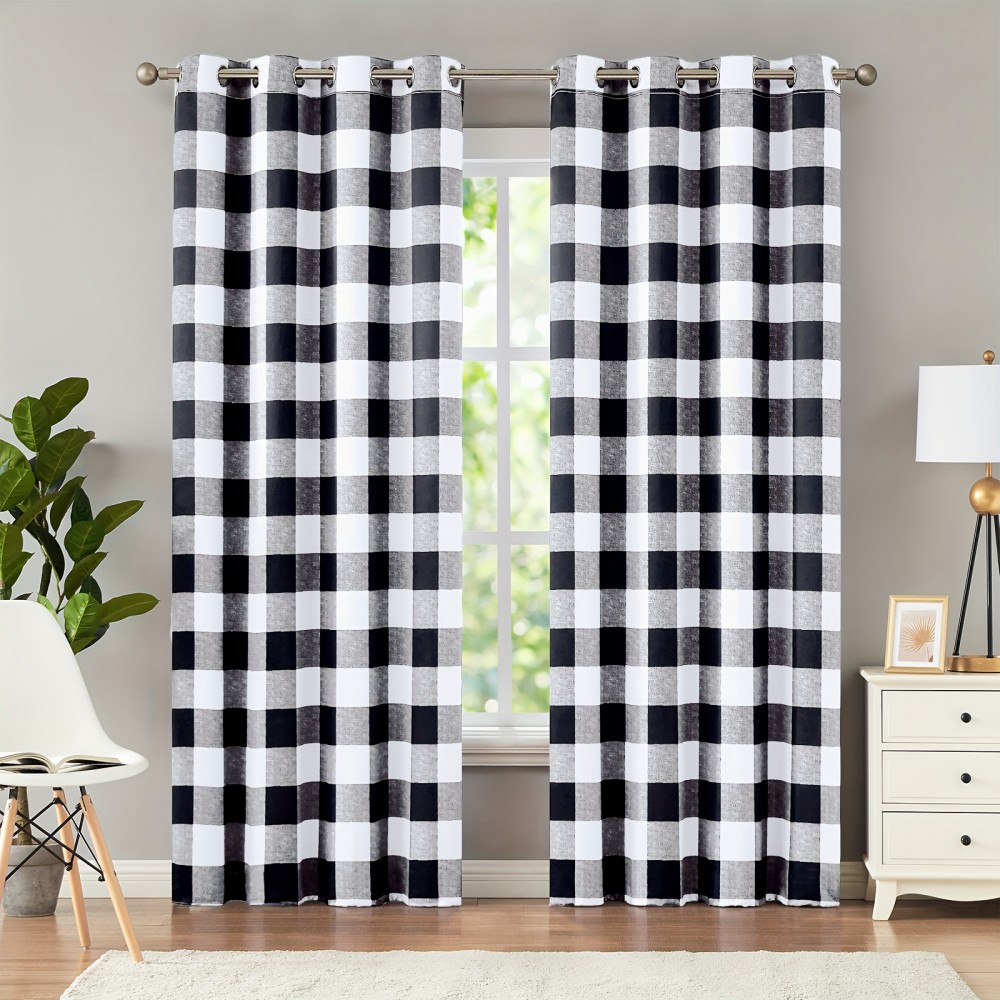 2pcs Luxurious Buffalo Check Plaid Thermal Insulated Blackout Curtains - Shower Curtains for Bedroom, Living Room - Room Darkening, Noise Reducing, Grommet Drapes for Ultimate Privacy and Comfort