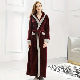 1pc Autumn And Winter Bathrobe, Soft And Skin-friendly Hooded Long Sleeve Bathrobe, Thickened Nightgown With Pocket, Warm Long Robe For Home, Bathroom Supplies