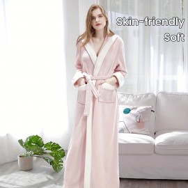 1pc Autumn And Winter Bathrobe, Soft And Skin-friendly Hooded Long Sleeve Bathrobe, Thickened Nightgown With Pocket, Warm Long Robe For Home, Bathroom Supplies