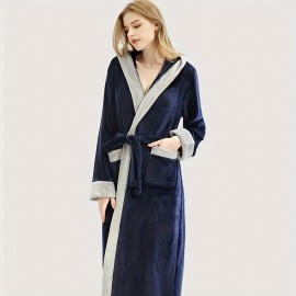 1pc Autumn And Winter Bathrobe, Soft And Skin-friendly Hooded Long Sleeve Bathrobe, Thickened Nightgown With Pocket, Warm Long Robe For Home, Bathroom Supplies