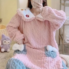 1pc Cute Flower & Bowknot Pattern Bathrobe, Thickened Textured Comfortable Robe With Pockets, Casual Long Sleeve Loungewear, Bathroom Supplies, Home Supplies