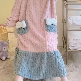 1pc Cute Flower & Bowknot Pattern Bathrobe, Thickened Textured Comfortable Robe With Pockets, Casual Long Sleeve Loungewear, Bathroom Supplies, Home Supplies