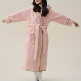 1pc Coral Fleece Bathrobe, Thickened Long Sleeve Long Bathrobe, Soft Couple's Pajamas Nightgown, Long Robe For Autumn And Winter, Bathroom Supplies