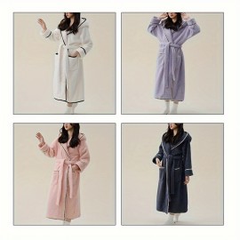 1pc Coral Fleece Bathrobe, Thickened Long Sleeve Long Bathrobe, Soft Couple's Pajamas Nightgown, Long Robe For Autumn And Winter, Bathroom Supplies