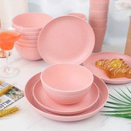 32pcs Pink Wheat Straw Dinnerware Sets, Pink Dishes for 8, Plates and Bowls Sets, Reusable Plastic Plates, Microwave Dishwasher Safe Plates, Pink Plastic Dinnerware Set, Pink Plastic Plates