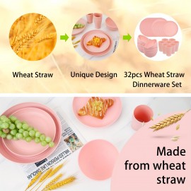 32pcs Pink Wheat Straw Dinnerware Sets, Pink Dishes for 8, Plates and Bowls Sets, Reusable Plastic Plates, Microwave Dishwasher Safe Plates, Pink Plastic Dinnerware Set, Pink Plastic Plates