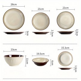 10pcs, Ceramic Dinnerware Set, Elegant New Design With SilveyRim, High-Quality Decorative Bowls, Plates, And Soup Spoon Set ForDining - Chic Tableware Collection For Home Use