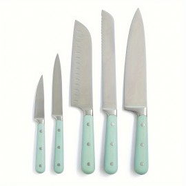 [ High End Upgrade ] 14 Piece Stainless Steel Tableware Set, Exquisite Acacia Wood Knife Holder, Green Handle With White Dot Decoration, Essential Kitchen Cooking Tool Combination