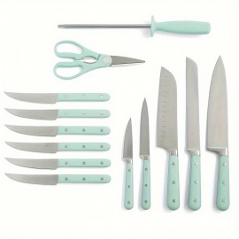 [ High End Upgrade ] 14 Piece Stainless Steel Tableware Set, Exquisite Acacia Wood Knife Holder, Green Handle With White Dot Decoration, Essential Kitchen Cooking Tool Combination