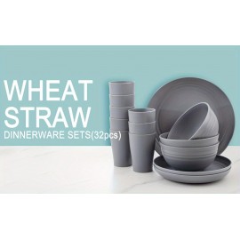 32pcs Wheat Straw Dinnerware Sets, Unbreakable Dinnerware Sets For 8, Reusable Tableware, Straw Tableware, Dark Grey Set 16pcs Plates, 8pcs Bowls, 8pcs Cups