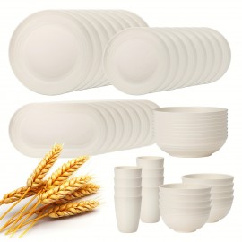 Lazycorner 48-Pcs Kitchen Wheat Straw Dinnerware Set, Service for 8, Plastic Reuasble Dinner Dishes Serving Plate Set for Kitchen, Including Dinner Plate, Dessert Plate, Bowl, Cup (White)