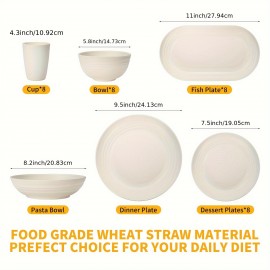 Lazycorner 48-Pcs Kitchen Wheat Straw Dinnerware Set, Service for 8, Plastic Reuasble Dinner Dishes Serving Plate Set for Kitchen, Including Dinner Plate, Dessert Plate, Bowl, Cup (White)