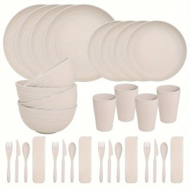 28pcs Wheat Straw Dinnerware Set for 4, Wheat Straw Plates and Bowls Set, Light Weight Dinnerware Reusable Dishwasher Microwave Safe, Deep Plastic Plates, Cereal Bowls, Cups and Utensils Sets