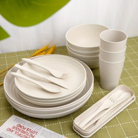 28pcs Wheat Straw Dinnerware Set for 4, Wheat Straw Plates and Bowls Set, Light Weight Dinnerware Reusable Dishwasher Microwave Safe, Deep Plastic Plates, Cereal Bowls, Cups and Utensils Sets